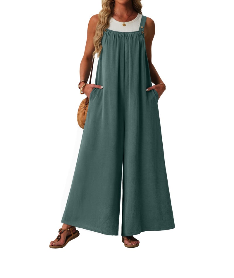 Lepunuo Womens Casual Jumpsuits Summer Boho Wide Leg Rompers Sleeveless Overalls Pleated Jumpers with Pockets - Image 1
