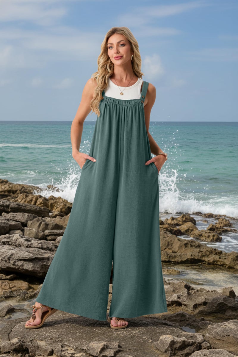 Lepunuo Womens Casual Jumpsuits Summer Boho Wide Leg Rompers Sleeveless Overalls Pleated Jumpers with Pockets - Image 3