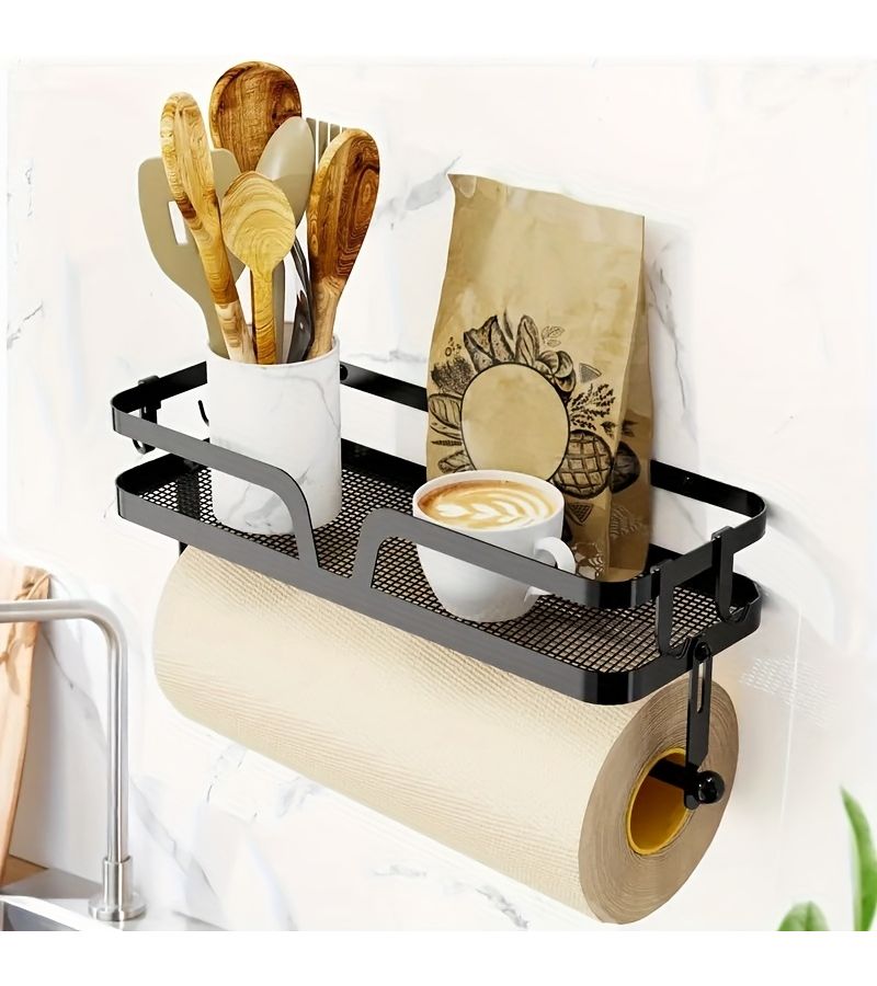 Luxury 2 In 1 Kitchen Wall Rack Non Drilling Self Adhesive Screw Installation Metal Tissue Paper Holder With Hooks - Image 4