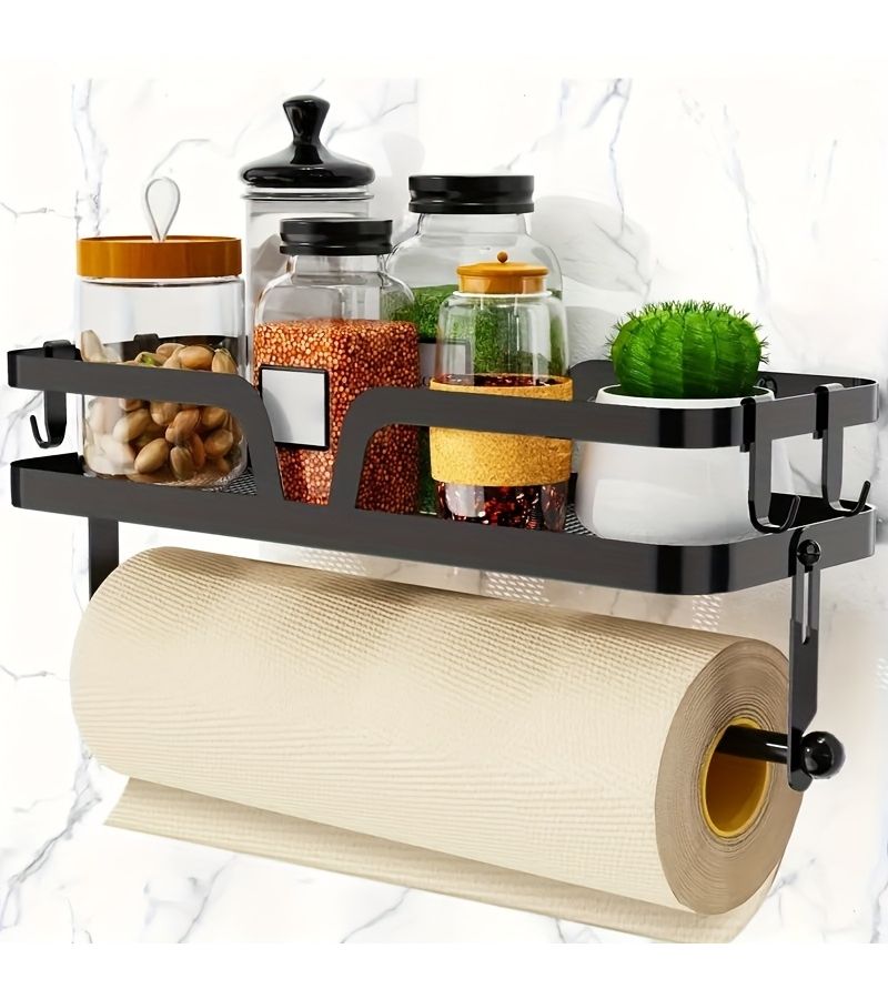 Luxury 2 In 1 Kitchen Wall Rack Non Drilling Self Adhesive Screw Installation Metal Tissue Paper Holder With Hooks - Image 1