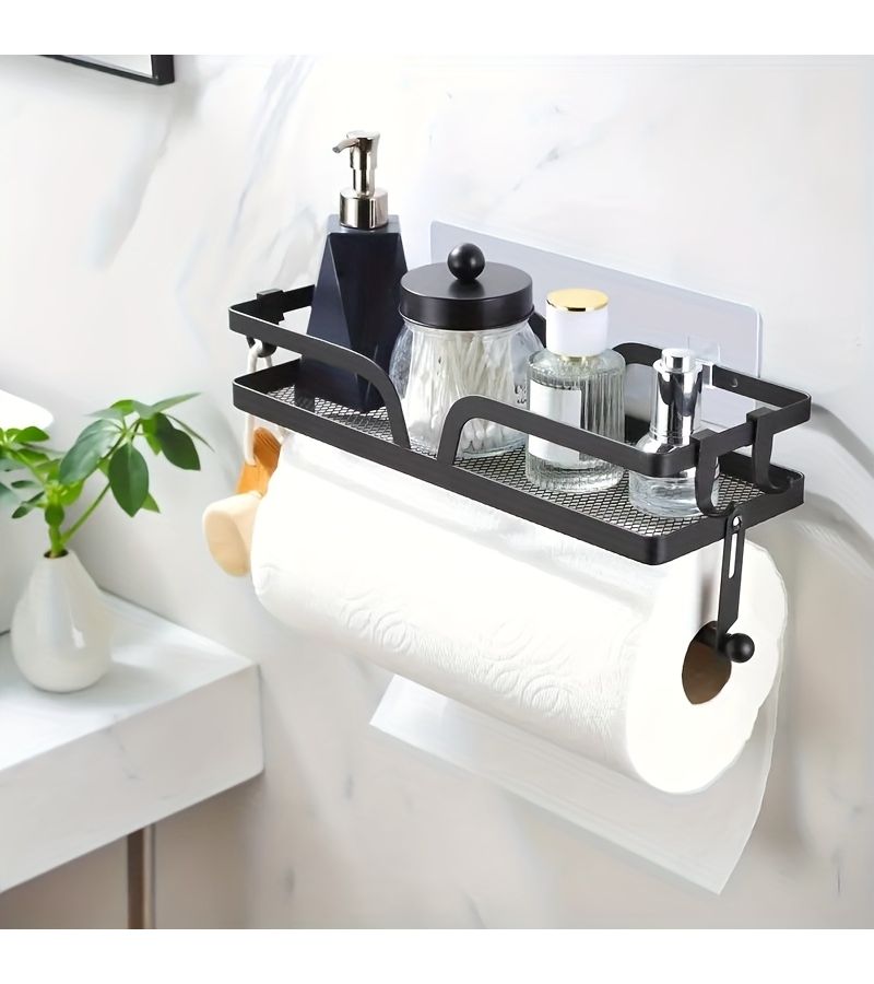 Luxury 2 In 1 Kitchen Wall Rack Non Drilling Self Adhesive Screw Installation Metal Tissue Paper Holder With Hooks - Image 5