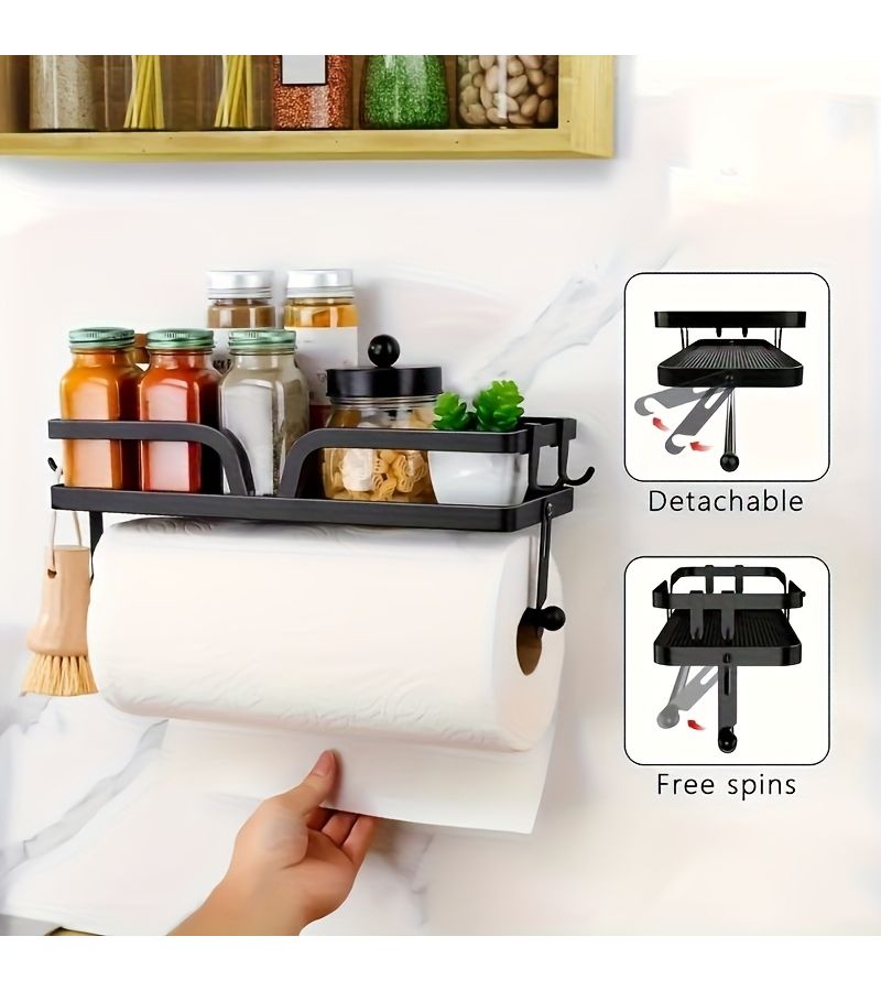 Luxury 2 In 1 Kitchen Wall Rack Non Drilling Self Adhesive Screw Installation Metal Tissue Paper Holder With Hooks - Image 3