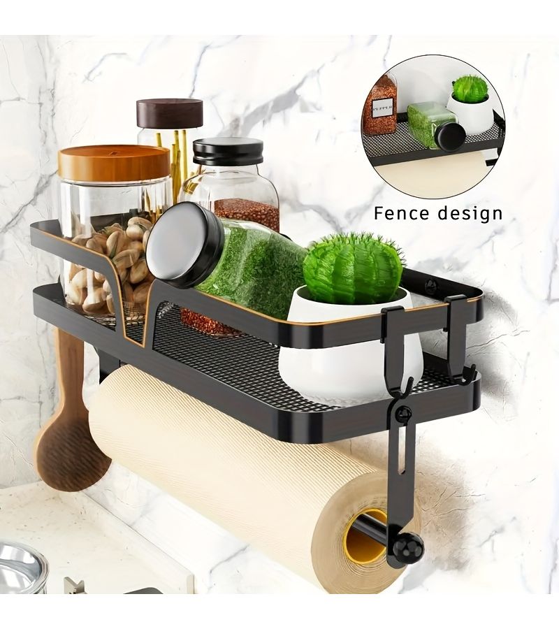 Luxury 2 In 1 Kitchen Wall Rack Non Drilling Self Adhesive Screw Installation Metal Tissue Paper Holder With Hooks - Image 2