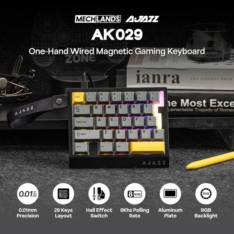 ميكلاندز لوحة مفاتيح ألعاب بيد واحدة من ميكلاندز AJAZZ AK029، معدل استقصاء 8 كيلو هرتز، 29 مفتاحًا سلكيًا سريعًا، SOCD و DKS، مفتاح مغناطيسي، تشغيل قابل للتعديل، إضاءة خلفية RGB، لوحة ألومنيوم (أسود) - Image 2
