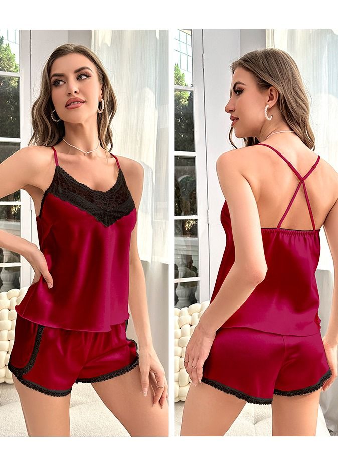 Loquat Women's Lace Stitching 2-Piece Set Nightgown Camisole Tops And Shorts Soft Lingerie Sleepwear Suit Wine Red/Black 
