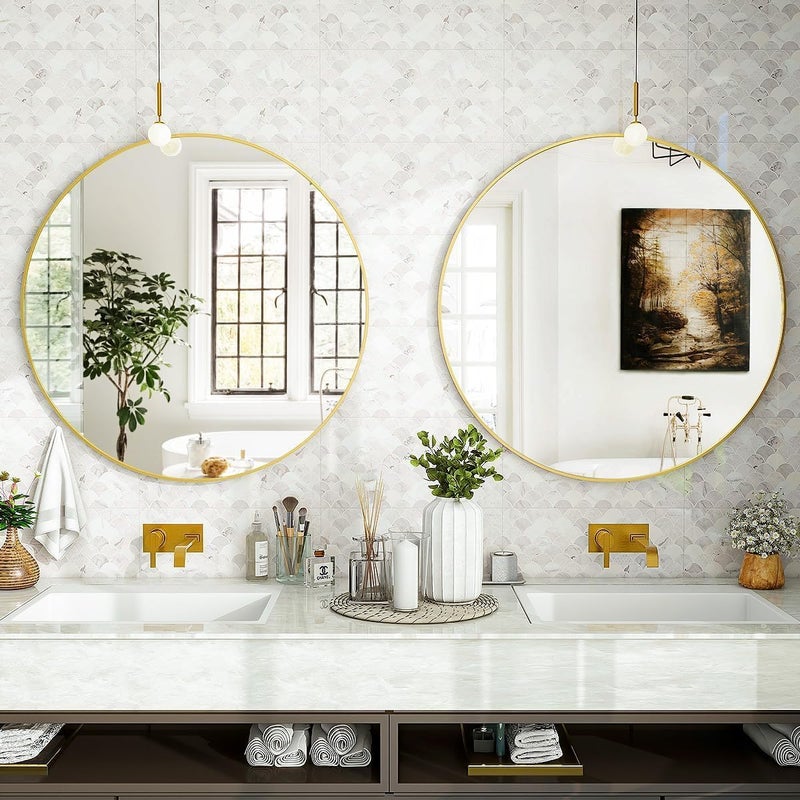 TNTAIAHL Black Round Bathroom Mirror, 24 inch Circle Mirror, Round Wall Mirror with Simple Metal Frame, Modern Round Hanging Mirror for Bathroom, Hallway, Living Room (Gold, 20x20) - Image 5