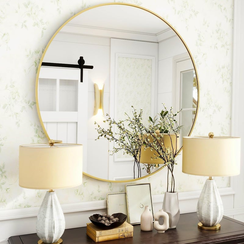 TNTAIAHL Black Round Bathroom Mirror, 24 inch Circle Mirror, Round Wall Mirror with Simple Metal Frame, Modern Round Hanging Mirror for Bathroom, Hallway, Living Room (Gold, 20x20) - Image 1