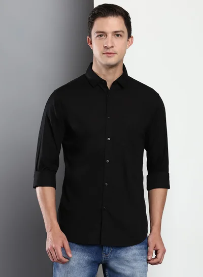 Dennis Lingo Slim Fit Black Men's Casual Spread Collar Shirt, Full Sleeves, 100% Cotton,