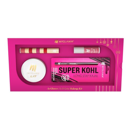 MyGlamm As Glamm As It Gets Makeup Kit (Pack of 4) | Full Makeup Set with Black Kohl Kajal, Compact Powder, 4 in 1 Liquid Lipstick Stack & Nail Polish | Perfect Makeup Gift Set For Women - Image 1