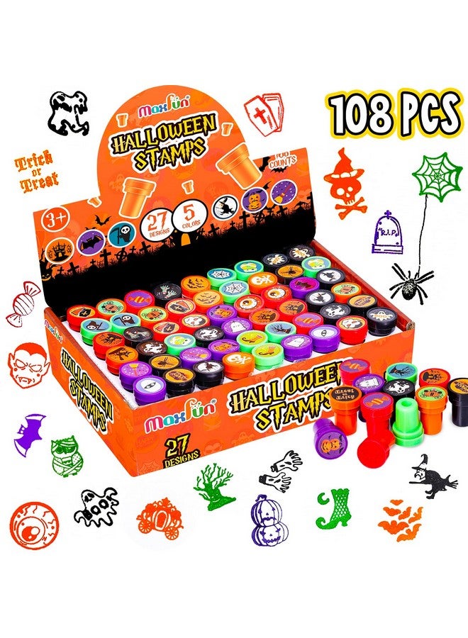 Max Fun ماكس فن 108 قطعة طوابع هالوين متنوعة (27 تصميم، 5 ألوان طوابع خدعة أو حلوى) لاحتفالات الأطفال في هالوين، مستلزمات الهدايا، أكياس الحلوى، جوائز ألعاب الفصل الدراسي (طابع هالوين)  - Image 1