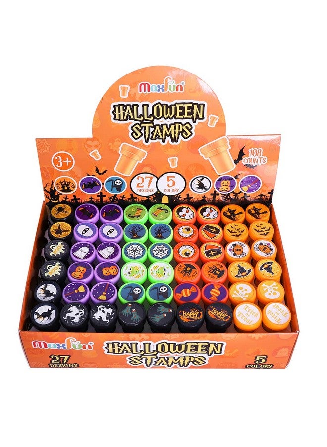 Max Fun ماكس فن 108 قطعة طوابع هالوين متنوعة (27 تصميم، 5 ألوان طوابع خدعة أو حلوى) لاحتفالات الأطفال في هالوين، مستلزمات الهدايا، أكياس الحلوى، جوائز ألعاب الفصل الدراسي (طابع هالوين)  - Image 2