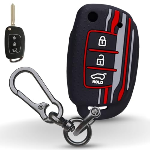 KEYCEPT Tristar Key Cover for Hyundai Aura | Venue | Creta | Exter | i20 Active| Grand i10 Nios | Xcent 3B Flip Key. (Type 1, Black) - Image 1