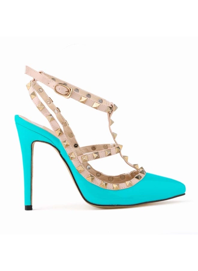 Loquat Pointed Toe Riveted Contrast Cut-Out Stiletto Heels turquoise  - Image 1