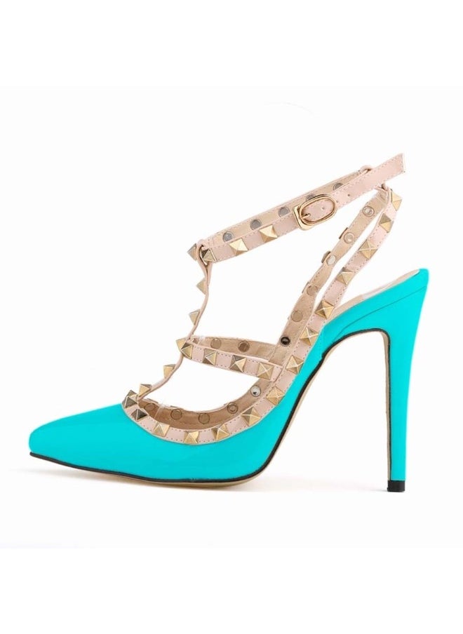 Loquat Pointed Toe Riveted Contrast Cut-Out Stiletto Heels turquoise  - Image 2