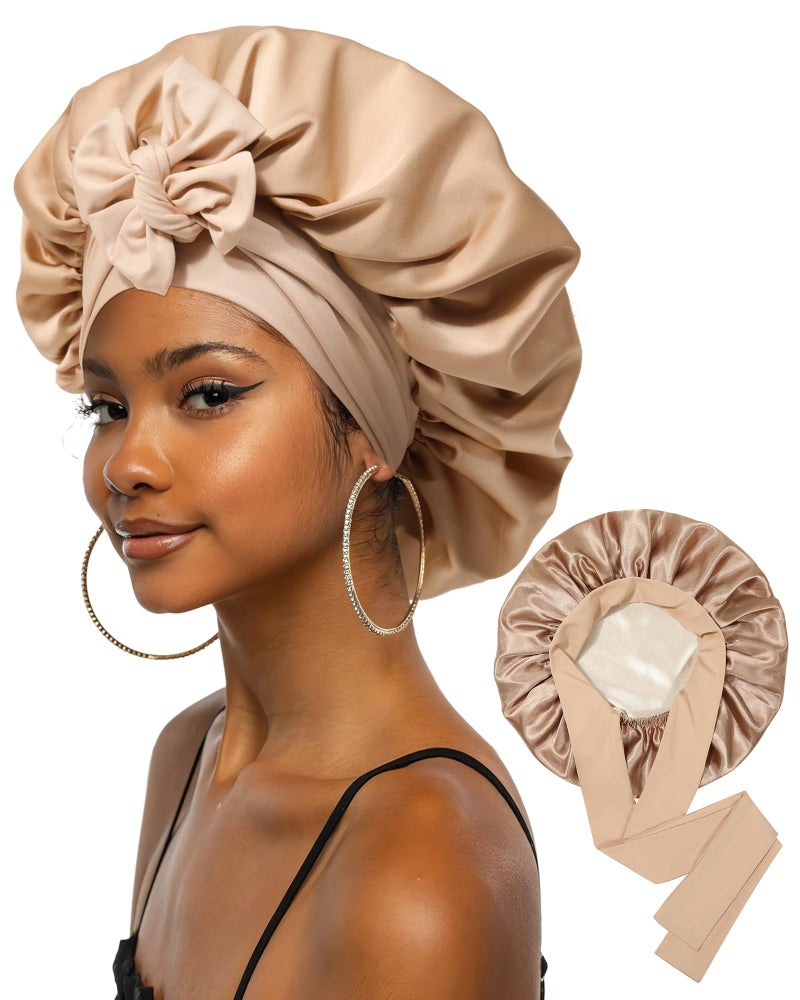 Extra Large Satin Bonnet for Sleeping Jumbo Silk Bonnet Double Layer Hair Bonnet for Women with Elastic Tie Band Sleep Bonnet Hair Wrap for Braids Curly HairCoffee  Champagne