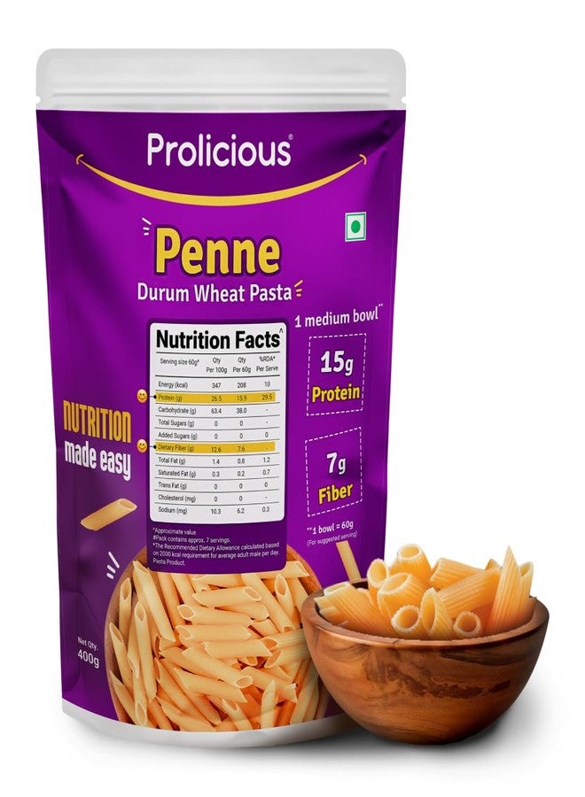 Prolicious Durum Wheat Penne Pasta | High Protein & High Fiber | Plant Based Protein | No Maida | 400g - Image 1