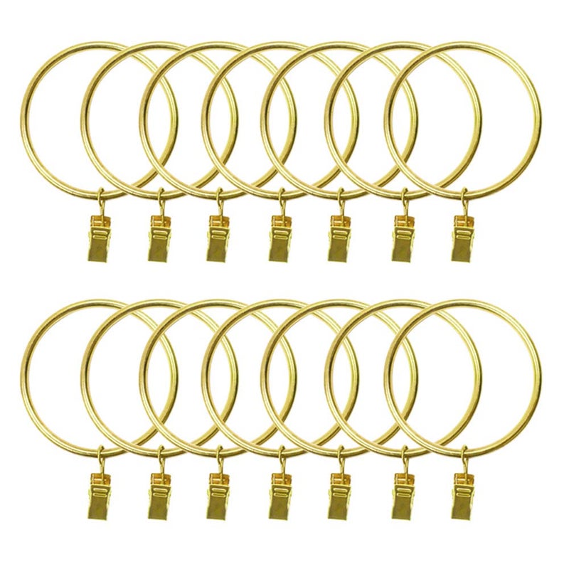 BangBoom 14 حزمة حلقات ستارة معدنية قوية من الحديد مع مشابك بقطر 25 بوصة حلقات تعليق زخرفية مقاومة للصدأ مع مشابك حلقات قضيب الستارة متينة مع خطافات ستارة عتيقة باللون الذهبي