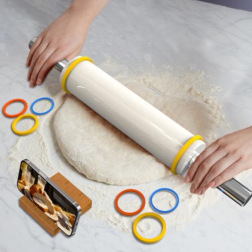 Mepple Marble Rolling Pin with Stainless Steel Handle for BakingFondantPizzaCookie CrustPieCookiesPastry 185Includes handle Marble Rolling Pin with 3 MultiColor Thicknesses and Wood Stand - Image 3