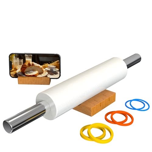 Mepple Marble Rolling Pin with Stainless Steel Handle for BakingFondantPizzaCookie CrustPieCookiesPastry 185Includes handle Marble Rolling Pin with 3 MultiColor Thicknesses and Wood Stand - Image 1
