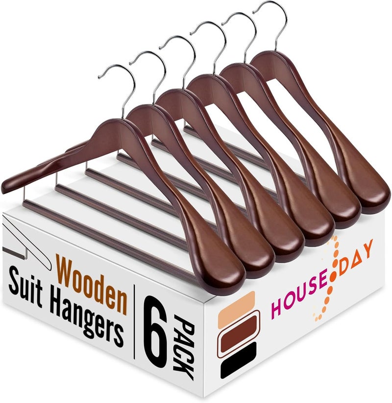 HOUSE DAY Wide Shoulder Wooden Hangers, Wood Suit Hangers with Non Slip Pant Holder, Heavy Duty Coat Hangers for Closet, Wooden Clothes Hangers for Suits, Coats, Jackets, Shirts (6 Pack, Walnut )… - Image 1