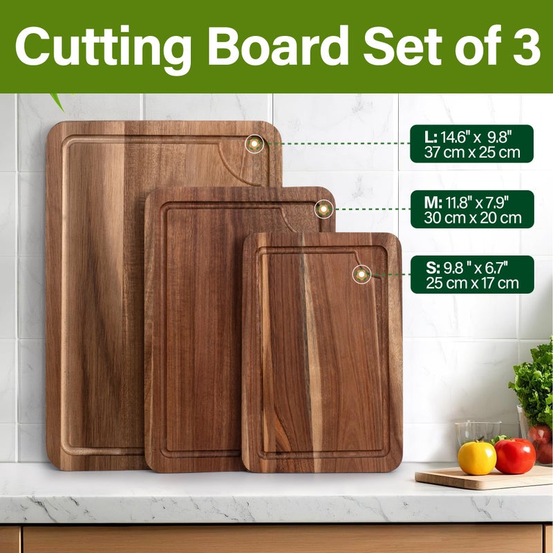 WILLKOMMEN Acacia Wood Cutting Board Set for Kitchen, 3-Piece Chopping Boards with Stand & Juice Groove & Handles, Heavy Duty Wooden Butcher Block for Meat, Vegetables (Small, Medium, Large) - Image 3