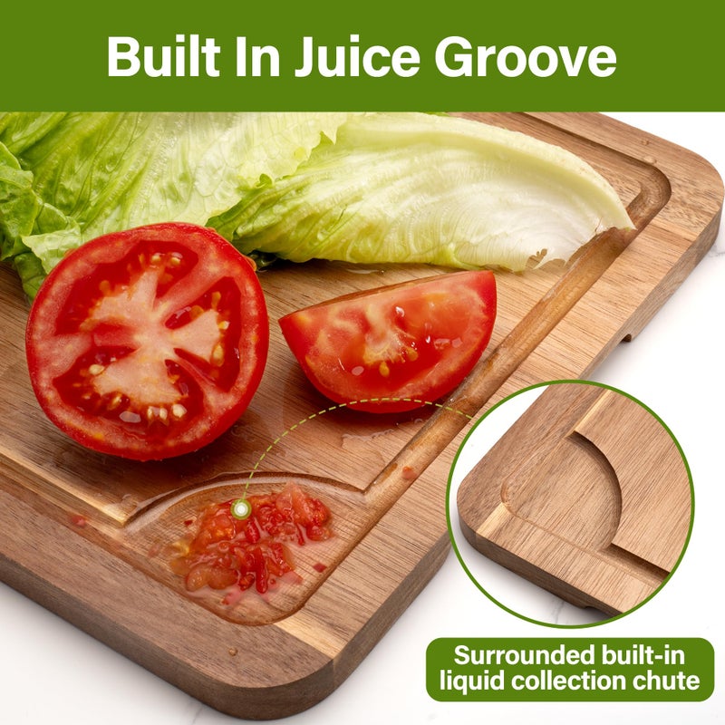 WILLKOMMEN Acacia Wood Cutting Board Set for Kitchen, 3-Piece Chopping Boards with Stand & Juice Groove & Handles, Heavy Duty Wooden Butcher Block for Meat, Vegetables (Small, Medium, Large) - Image 4