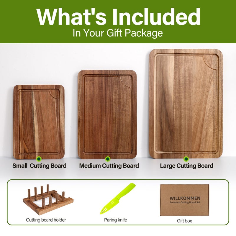 WILLKOMMEN Acacia Wood Cutting Board Set for Kitchen, 3-Piece Chopping Boards with Stand & Juice Groove & Handles, Heavy Duty Wooden Butcher Block for Meat, Vegetables (Small, Medium, Large) - Image 2