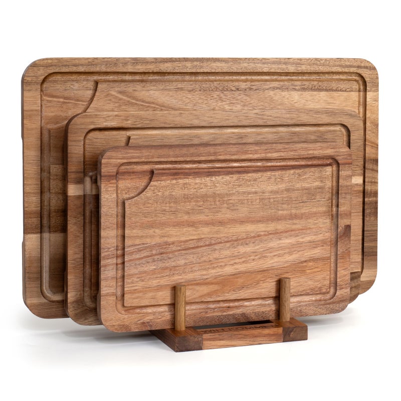 WILLKOMMEN Acacia Wood Cutting Board Set for Kitchen, 3-Piece Chopping Boards with Stand & Juice Groove & Handles, Heavy Duty Wooden Butcher Block for Meat, Vegetables (Small, Medium, Large) - Image 1