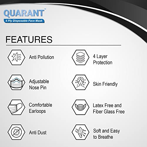 QUARANT Meltblown - Dual SMMS Fabric 4 Ply Anti Pollution Disposable Face Mask with Nose Clip and Reusable Travel Pouch (Black, Pack of 100) for Unisex - Image 2