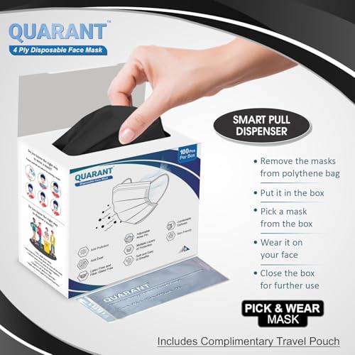 QUARANT Meltblown - Dual SMMS Fabric 4 Ply Anti Pollution Disposable Face Mask with Nose Clip and Reusable Travel Pouch (Black, Pack of 100) for Unisex - Image 5