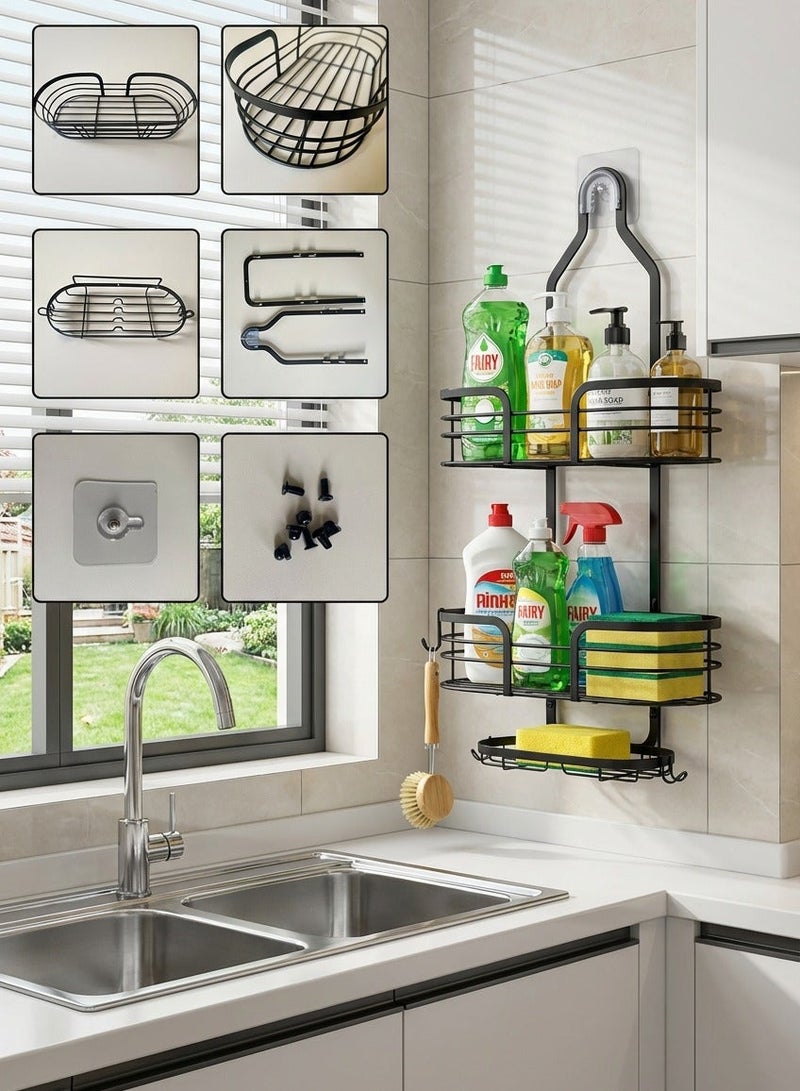 YASMINARA 3-Tier Metal Hanging Storage Organizer Shelf for Bathroom Kitchen Any Space,Tool Free No Wall Damage Hanging Shower Caddy Shelves ,Anti-Rust Heavy Load-Bearing Multi-Layers Drying Rack ,Black - Image 2