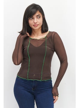 Women Round Neck Mesh Pattern Tops, Brown