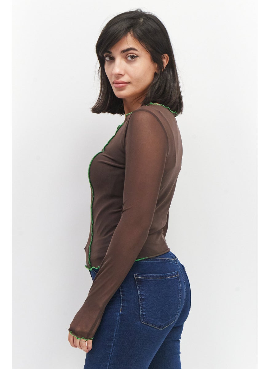 Reserved - Women Round Neck Mesh Pattern Tops, Brown - Image 1