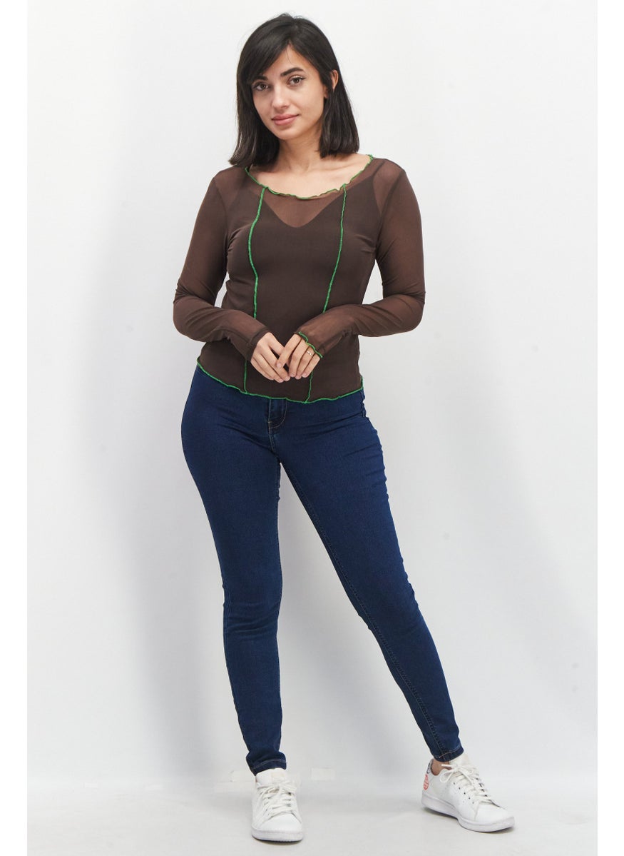 Reserved - Women Round Neck Mesh Pattern Tops, Brown - Image 1