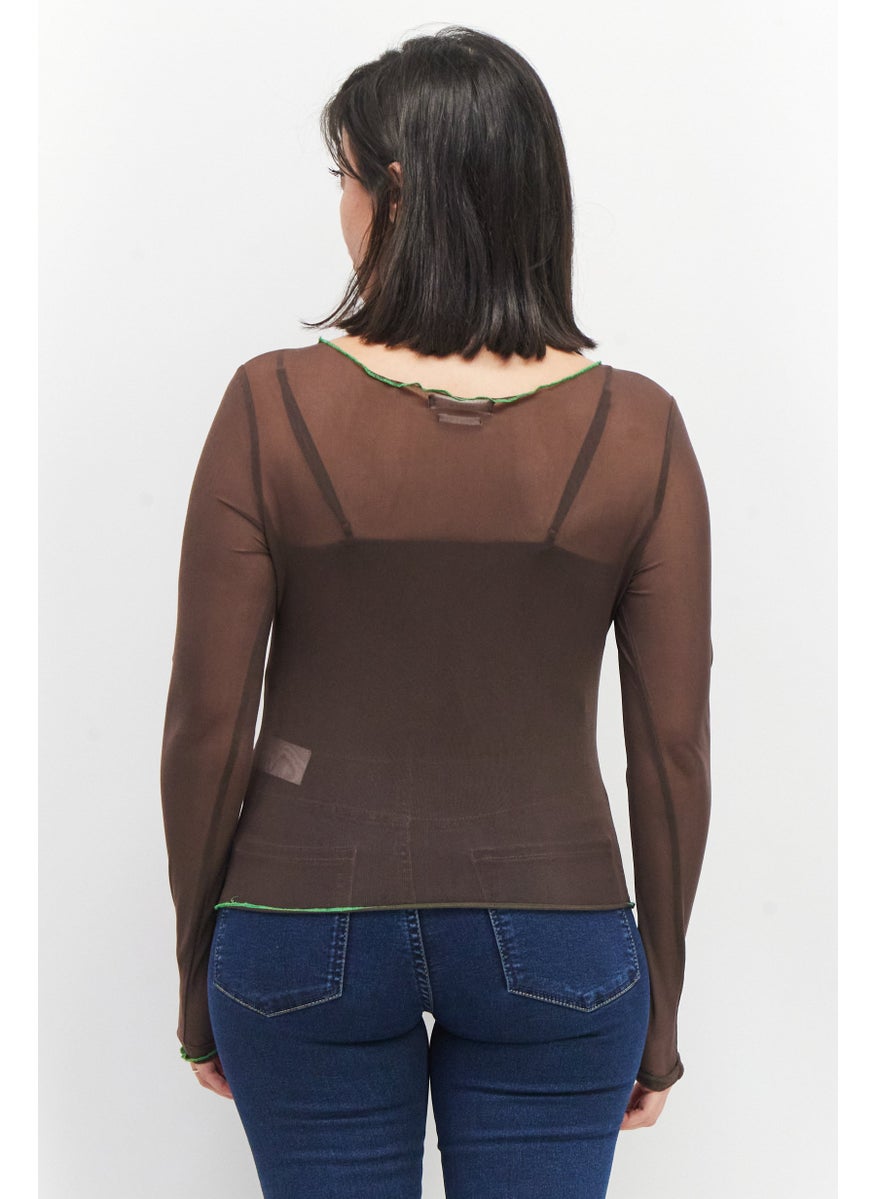 Reserved - Women Round Neck Mesh Pattern Tops, Brown - Image 1