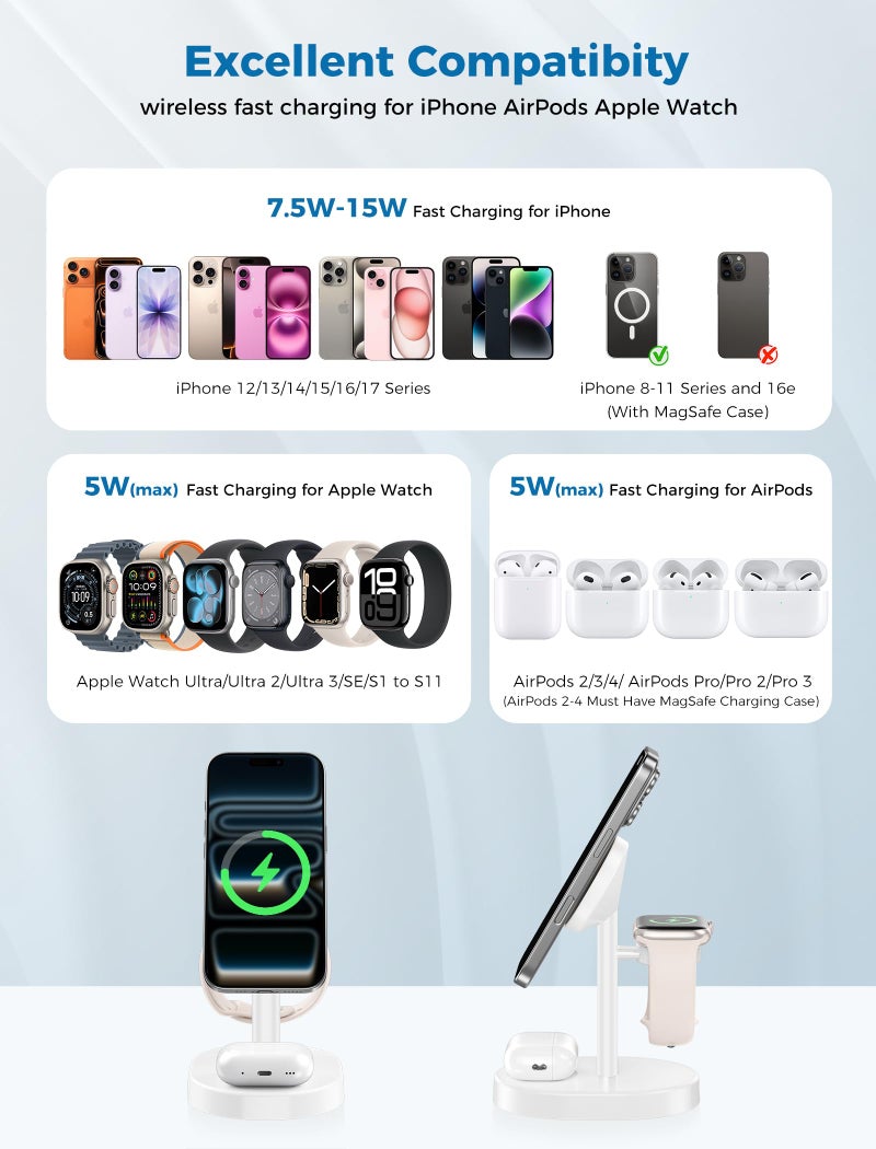 Hevanto 2026 3 in 1 Wireless Charging Station for Apple MagSafe Charger, 15W Fast Mag-Safe Charger Stand for iPhone 17 16 15 14 13 12 Apple Watch AirPods Compatible with MagSafe, White - Image 2