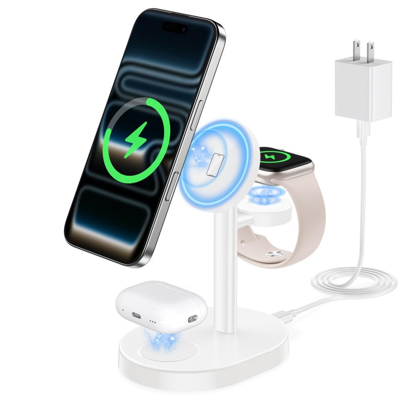Hevanto 2026 3 in 1 Wireless Charging Station for Apple MagSafe Charger, 15W Fast Mag-Safe Charger Stand for iPhone 17 16 15 14 13 12 Apple Watch AirPods Compatible with MagSafe, White - Image 1