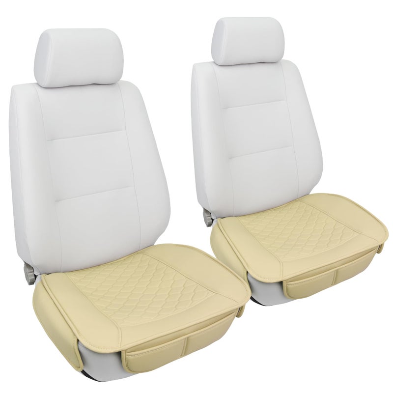 Elantrip 2 Pcs Faux Leather Beige Car Seat Covers with Padded Comfort and Storage Pockets Waterproof, Anti-Slip, Full Wrap Protection - Premium Interior Protectors for Cars, Trucks, SUVs - Image 2