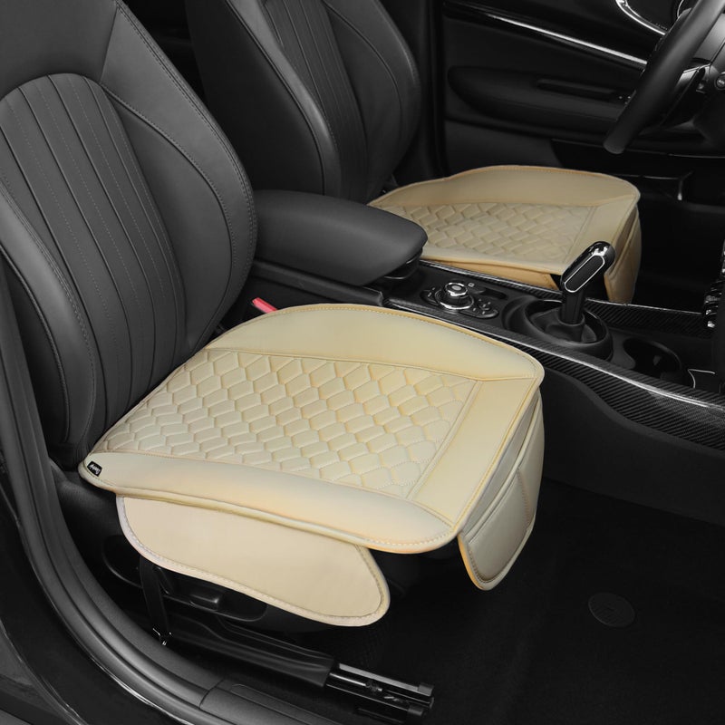 Elantrip 2 Pcs Faux Leather Beige Car Seat Covers with Padded Comfort and Storage Pockets Waterproof, Anti-Slip, Full Wrap Protection - Premium Interior Protectors for Cars, Trucks, SUVs - Image 1