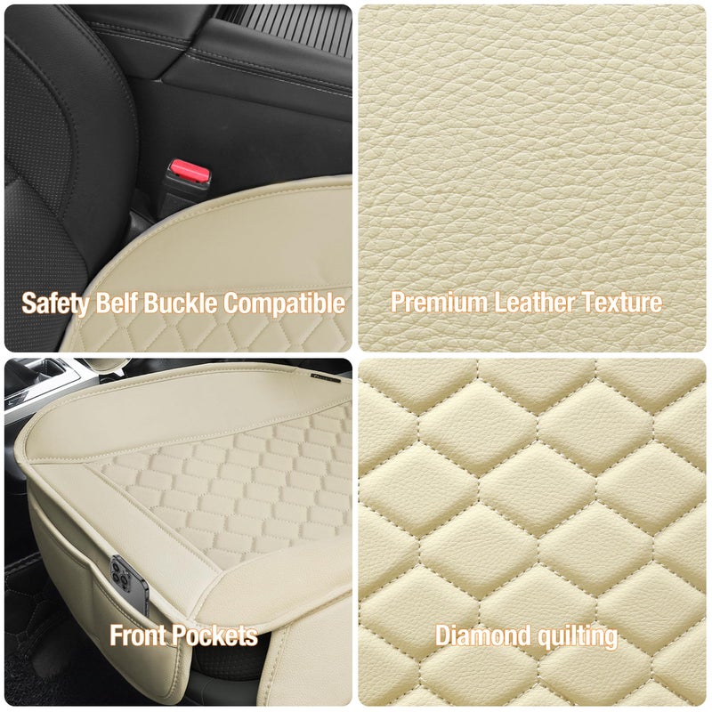 Elantrip 2 Pcs Faux Leather Beige Car Seat Covers with Padded Comfort and Storage Pockets Waterproof, Anti-Slip, Full Wrap Protection - Premium Interior Protectors for Cars, Trucks, SUVs - Image 3