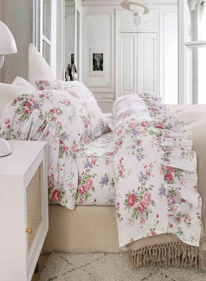QSH Queen's House Ruffle Floral Bed Sheet Sets 4-Piece Romantic Roses Printed Shabby Vintage Chic Bedding Sheets Girls Deep Pocket Set King Size-Style L - Image 1