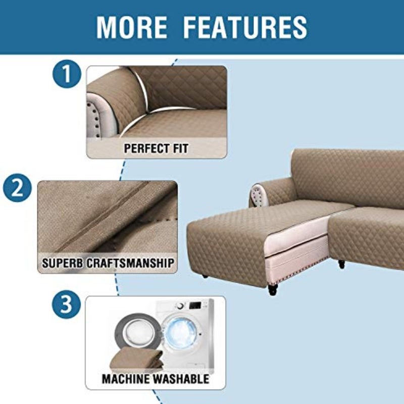 Sofa Covers L Shape Couch Covers for Reversible Sectional Sofa Chaise Lounge Sofa Cover Slipcovers Furniture Protector for Dogs Pets, Non Slip with Straps Taupe, Large - Image 3