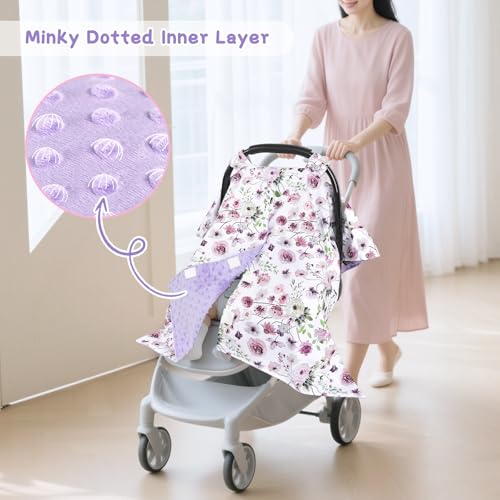 GFU Baby Car Seat Cover Soft Minky Warm Winter Car Seat Canopy for Infants Toddlers Opening with Adjustable Strap Breathable Nursing Cover Stroller Blanket Purple Flowers Fits Most Car Seats - Image 3