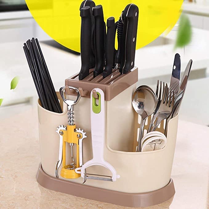 SPHP Multi Functional Self Draining Organizer Chopsticks Basket Knife Other Kitchen Cutlery Storage Holder Cutlery Flatware Holder Rack with Removable Draining Tray Multicolor - Image 1