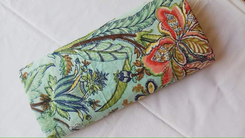 KALAP Floral Printed Cotton Cloth Materiel Green Flower Fabric Running Jaipuri Hand Block Printed Women Dress Material Kurtis Natural 44 Inches Width 25 Meter - Image 1