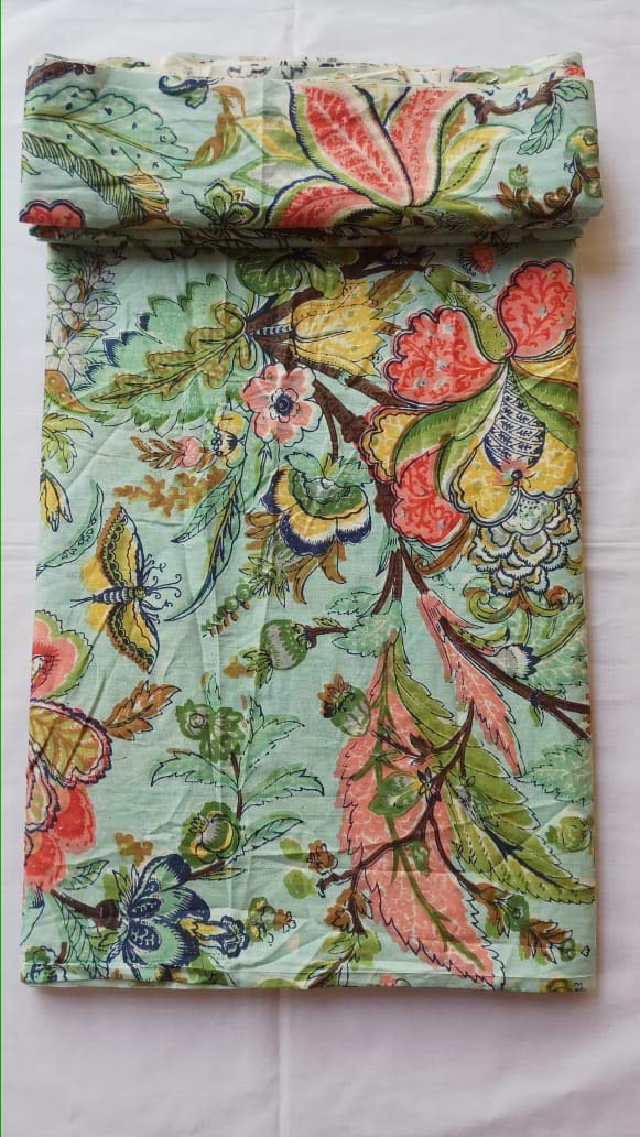 KALAP Floral Printed Cotton Cloth Materiel Green Flower Fabric Running Jaipuri Hand Block Printed Women Dress Material Kurtis Natural 44 Inches Width 25 Meter - Image 2