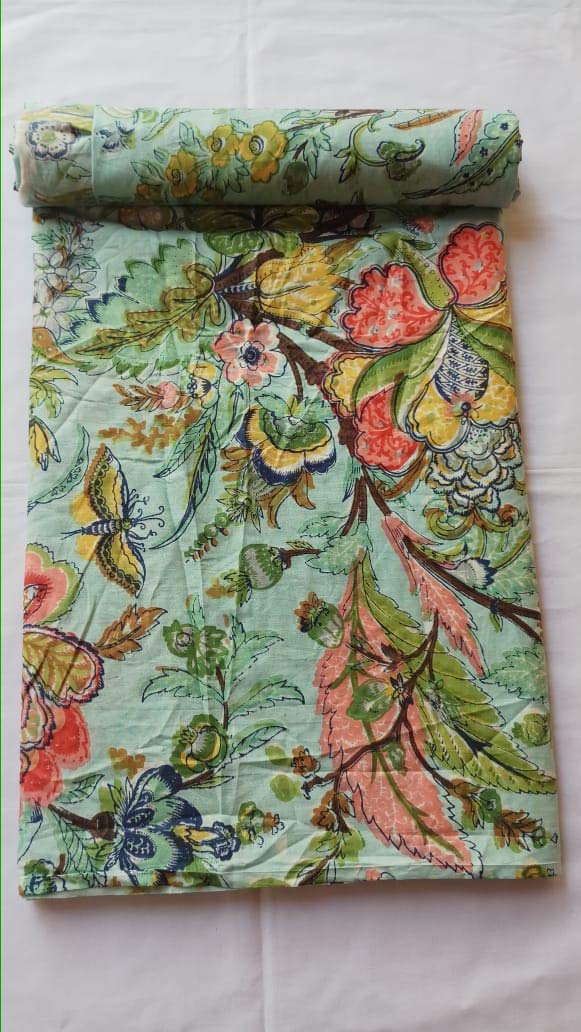 KALAP Floral Printed Cotton Cloth Materiel Green Flower Fabric Running Jaipuri Hand Block Printed Women Dress Material Kurtis Natural 44 Inches Width 25 Meter - Image 3
