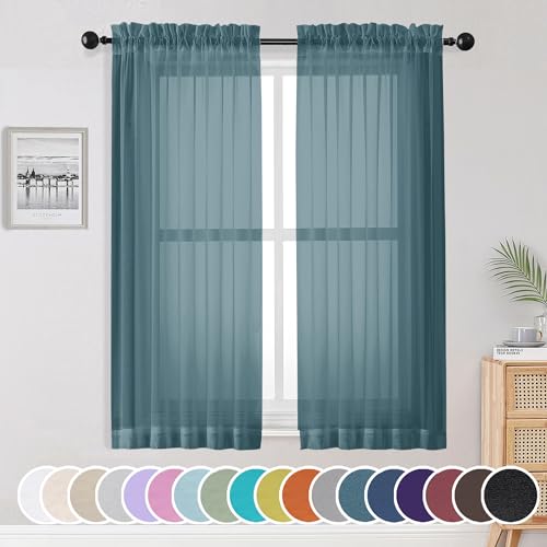 OWENIE Sheer Curtains, 63 inch Length Set of 2, Rod Pocket Light Weight Voile Curtains & Drapes for Bedroom & Living Room, Each 42Wx63L inch, Dusty Blue - Image 1