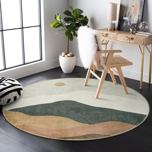 Sungea 4ft Abstract Round Rug,Soft Washable Non-Slip Sun and Mountain Circle Kids Room Rugs,Chic Faux Wool Low-Pile Circular Throw Rugs for Entryway/Bedroom/Nursery/Living Room/Bathroom(Grey) - Image 2