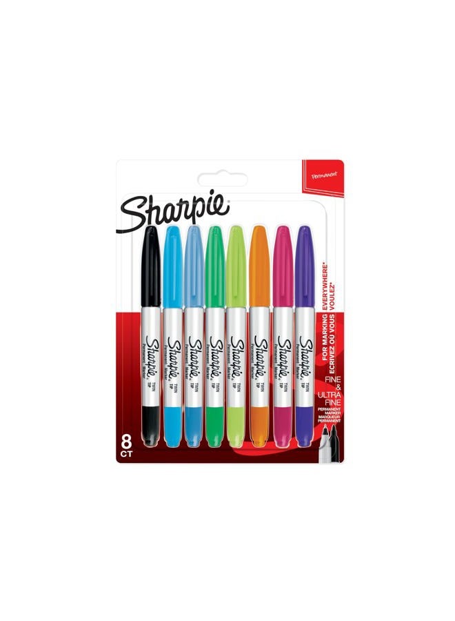 Sharpie Twin Tip Permanent Markers | Fine & Ultra-Fine Points | Assorted Colours | 8 Count - Image 1